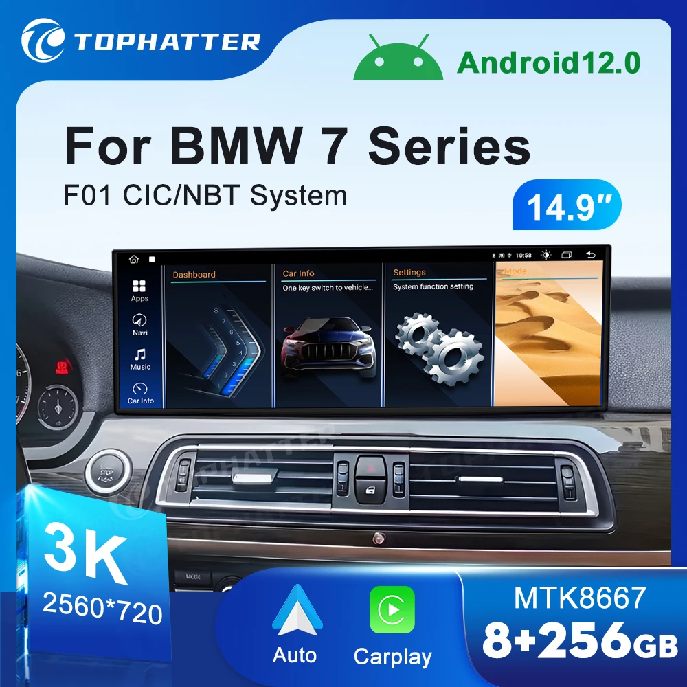 

14.9 3K 2560*720 Car Radio For BMW 7 Series F01 F02 Screen CarPlay Android Auto Multimedia Player Head Unit Navigation 360 Cam