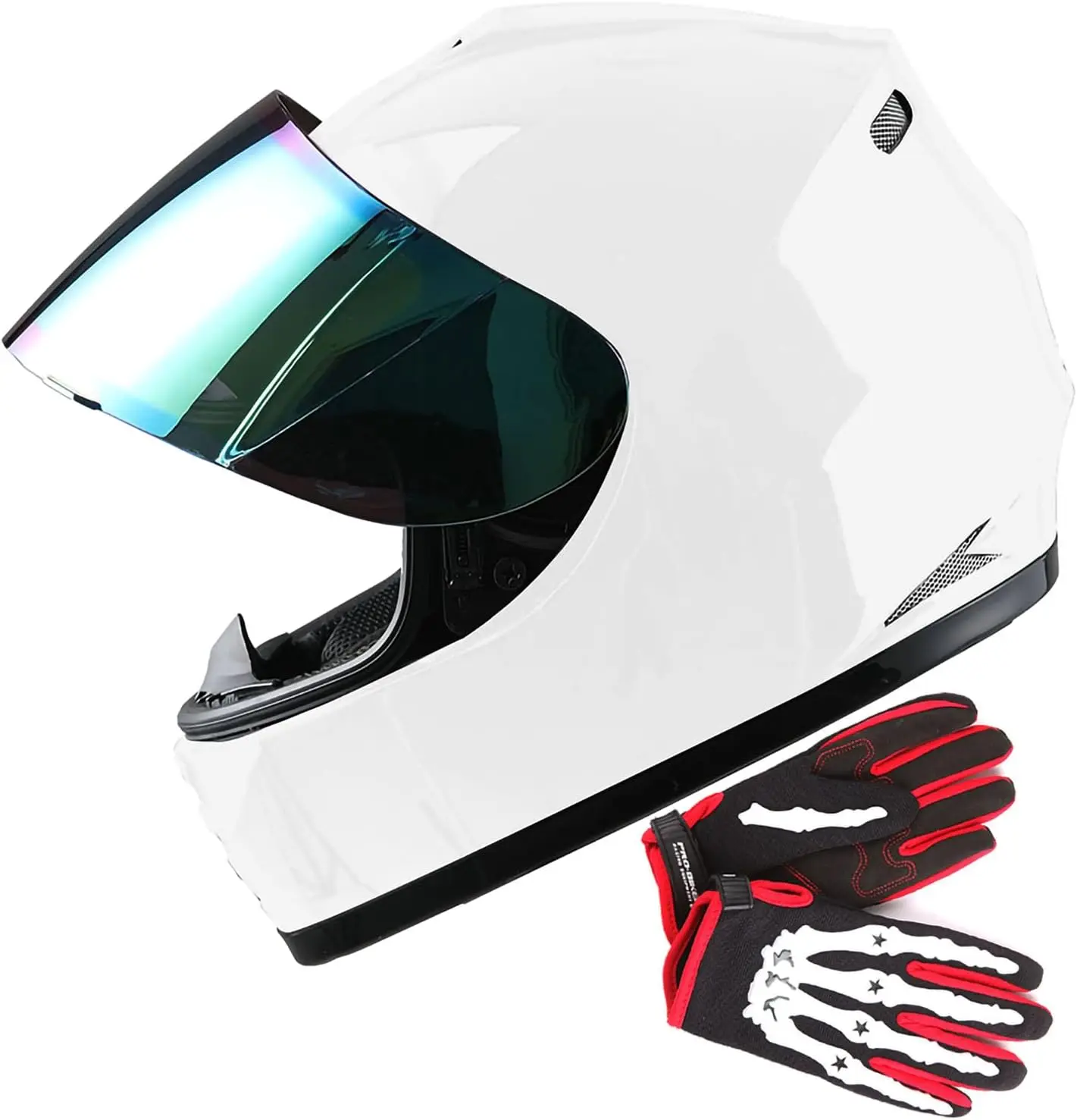 Casco integral para motocicleta juvenil, bicicleta de calle, BMX MX, paquete de guantes de esqueleto MX blancos brillantes para niños