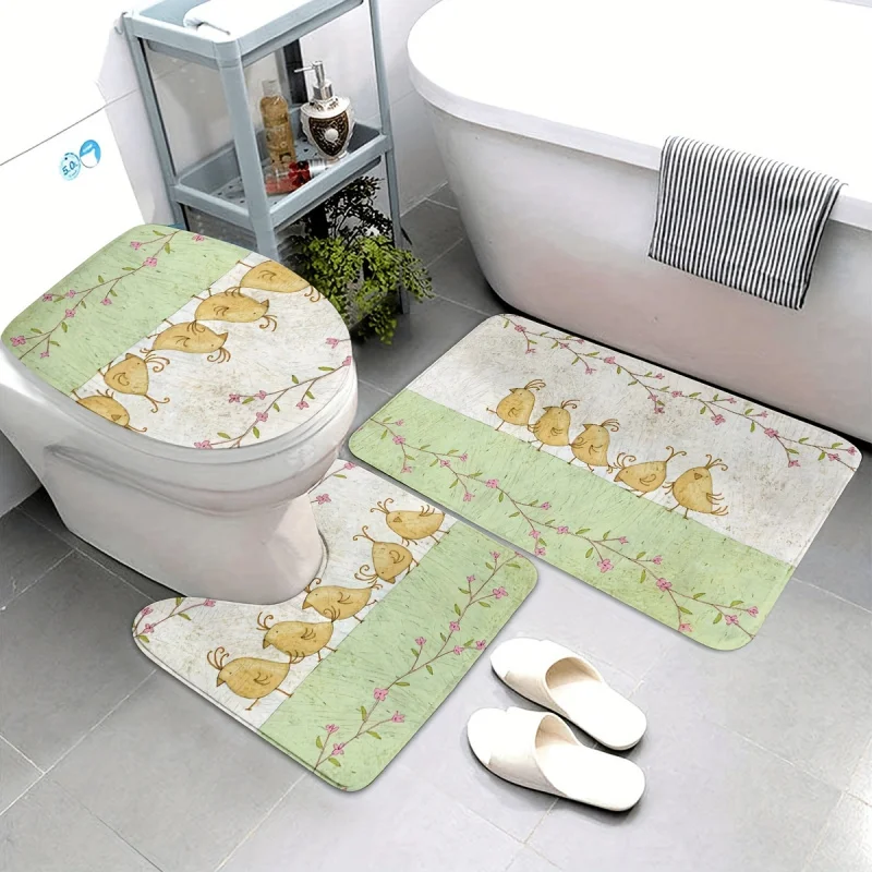 3Pcs/Set Funny Yellow Birds Print Rugs And , Anti-slip , Soft Machine Washable Bath Mats For Bathroom,