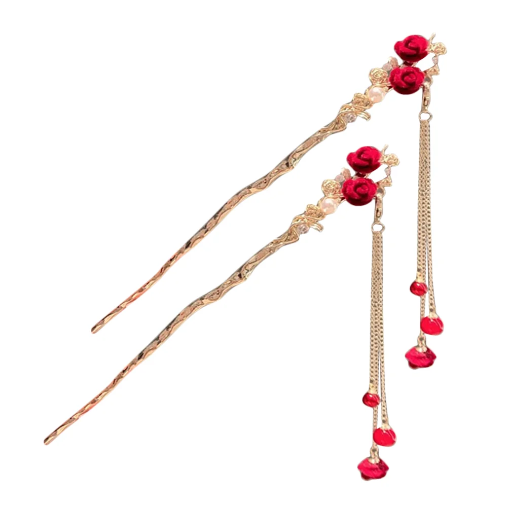 2 Pcs Hair Accessories for Girls Flocked Rose Hairpin Flower Stick Chopstick Tassel Chopsticks Buns Women Women's