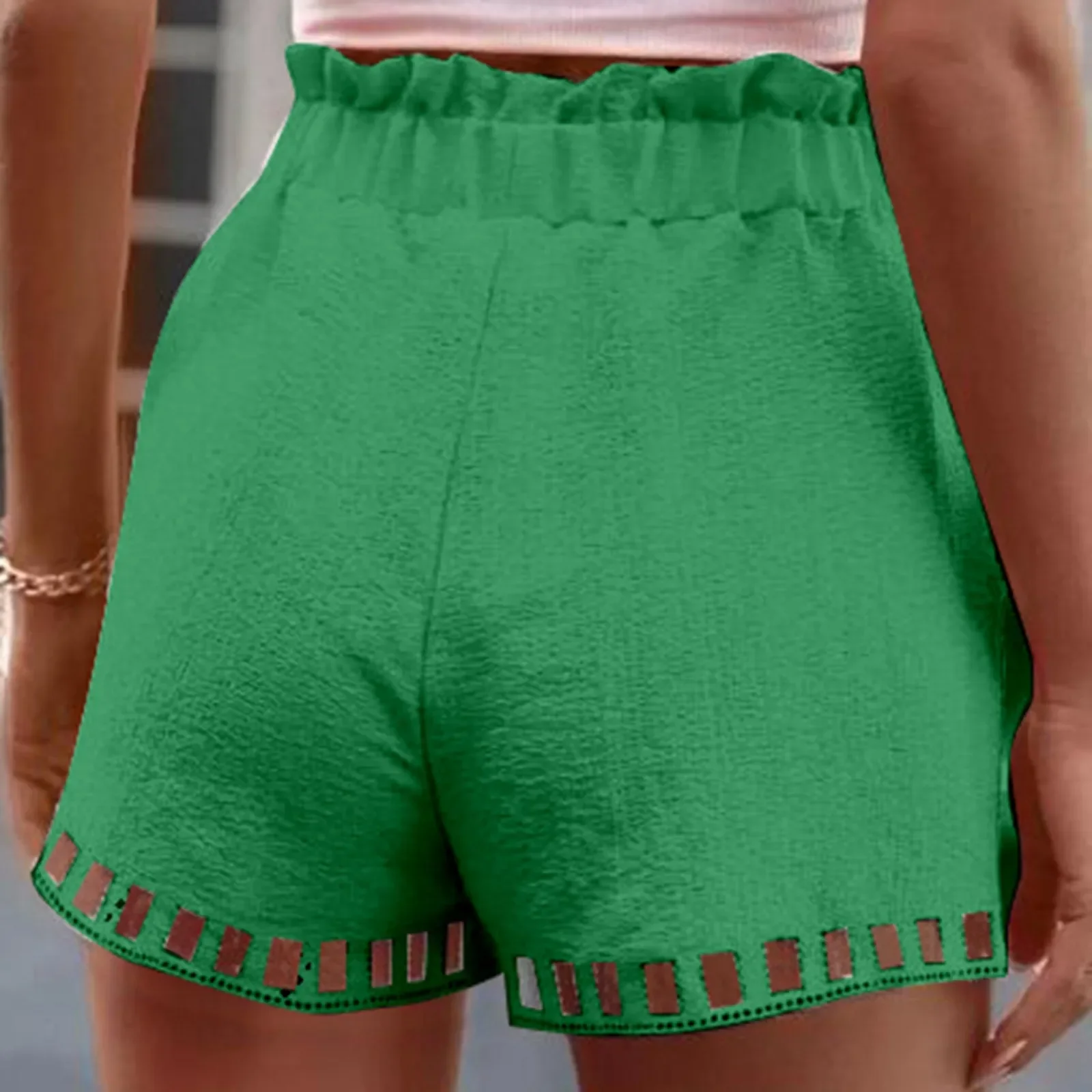 2025 Cotton Linen Shorts Women'S Pants Solid Color Thin Hollow Out Design Trim Pocket Tight Waist Shorts Beachwear White Clothes