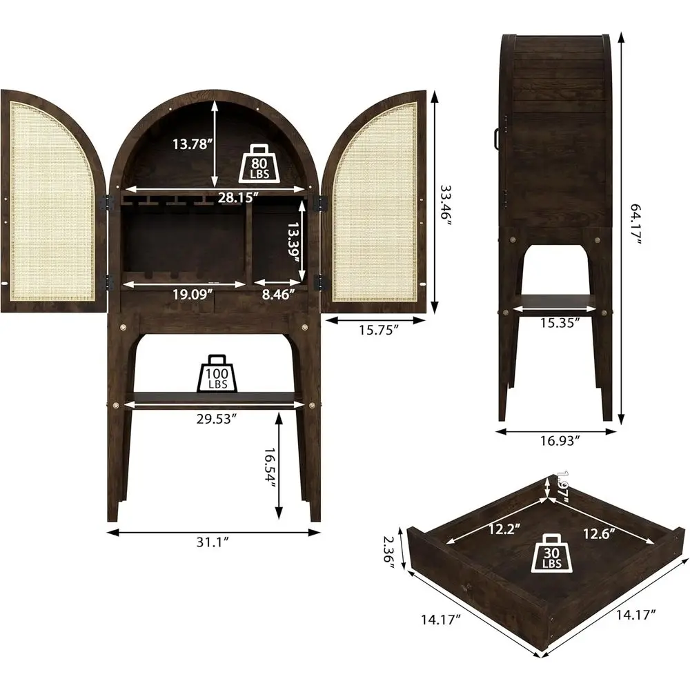 Walnut Arched Wine Cabinet with Rattan Door, Bar Rack & Glass Holder, Kitchen Pantry Storage