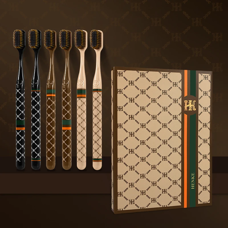 6-Pack Adult Soft Bristle Toothbrushes with Small Head Luxury Plaid Handle Family Gift Box Set