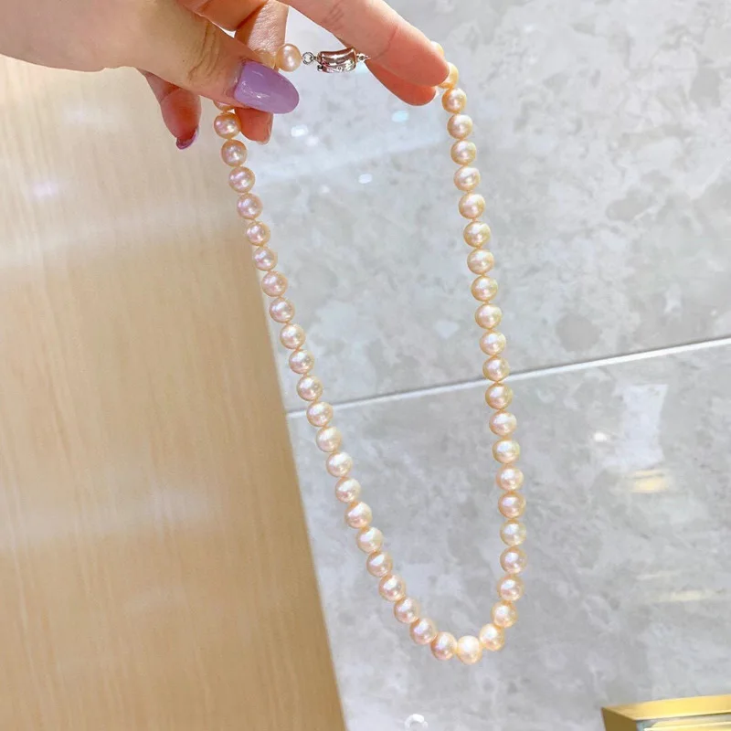 New Arrival 8-9mm Natural Sea Pink Pearl Jewelry Necklace 925 Sterling Silver Fine Jewelry Free Shipping for Women