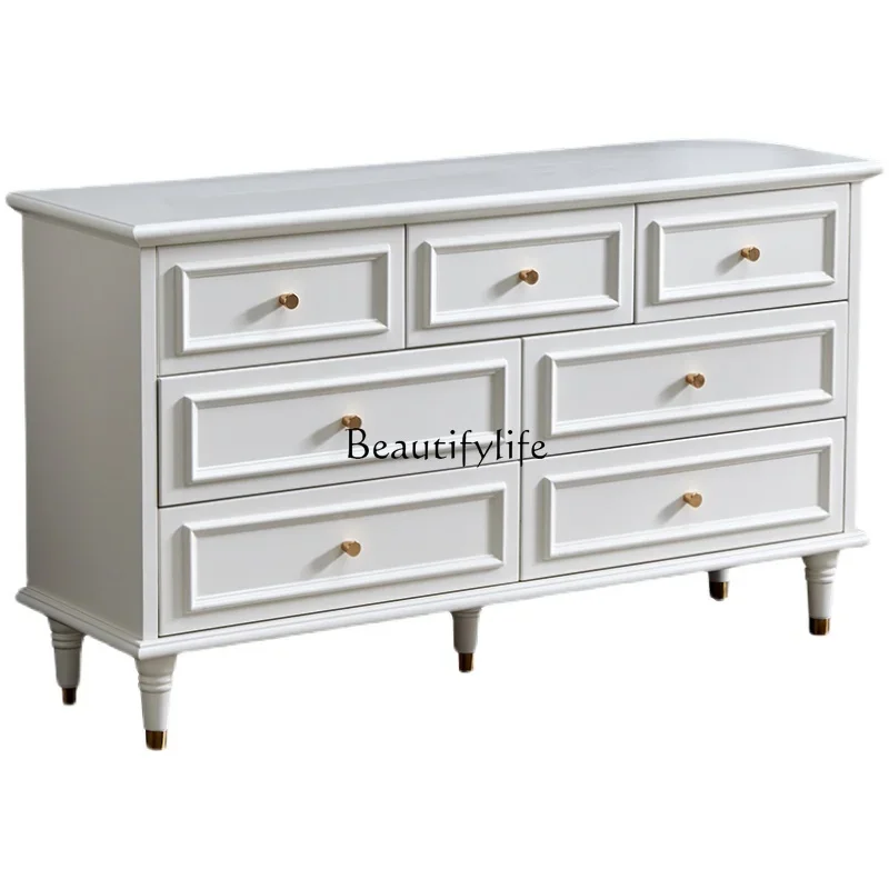 

American solid wood chest, French bedside cabinet, white drawer storage, light luxury