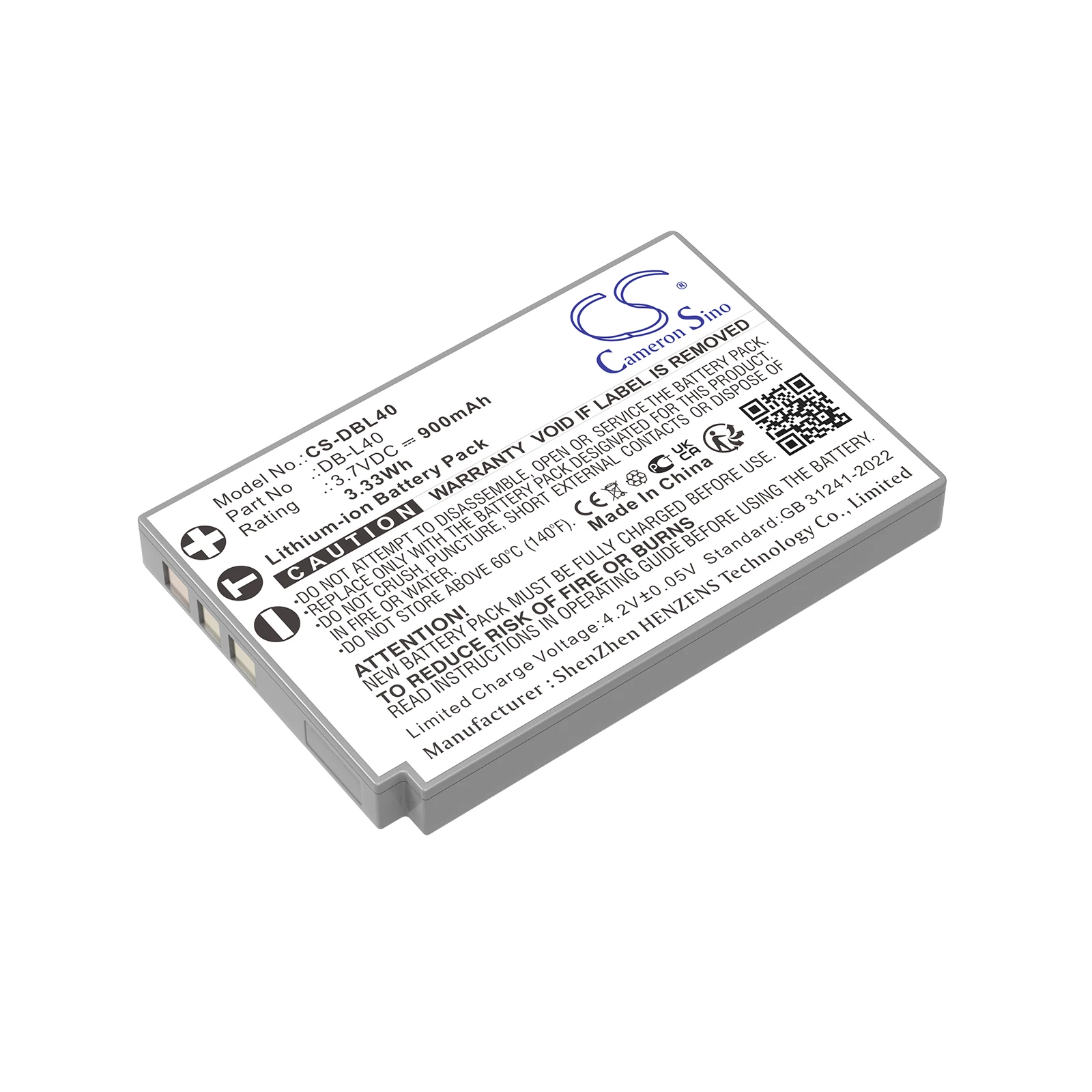 CS Replacement Battery for Sanyo Xacti DMX-HD800,Xacti DMX-HD2,Xacti DMX-HD1A,Xacti VPC-HD1,Xacti V PN:DB-L40 900mAh / 3.33Wh