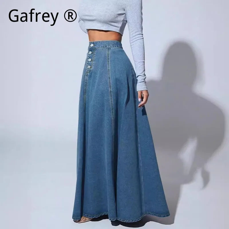 Women Single Breasted Denim Skirt Stylish A-line Swing Flared Spring Summer Casual High Waist All-match Female Half Dress view 2