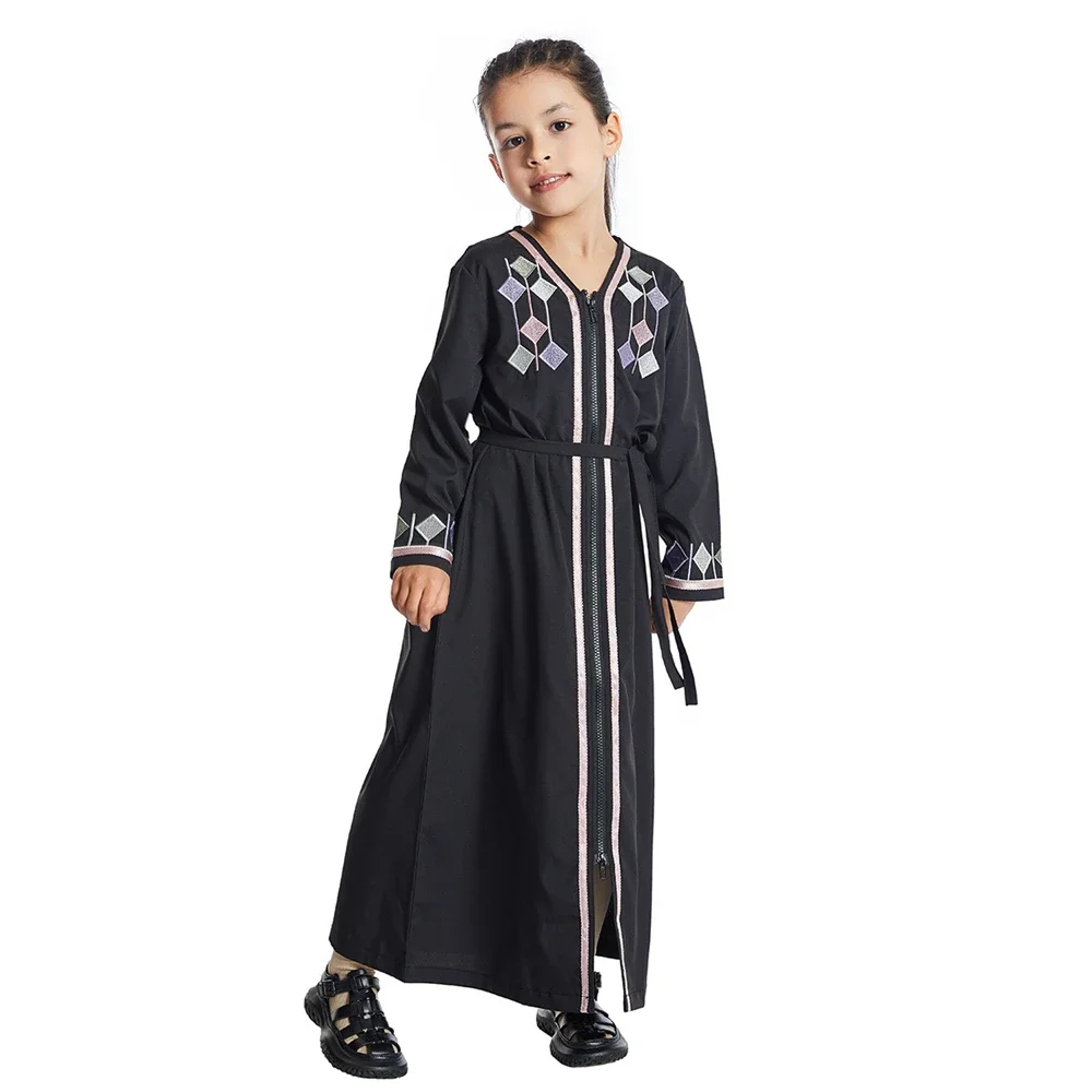 New Muslim Kids Girls Zipper Front Open Abaya Morocco Kaftan Islamic Child Clothes Eid Ramadan Jalabiya Arabic Robe Caftan Dress