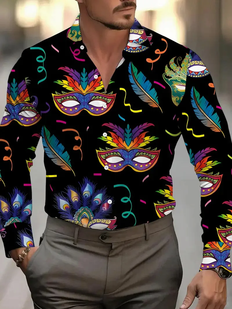 Nueva moda, camisa informal de manga larga para hombre, Top cómodo, guantes verdes, patrón de pluma de la suerte, camisa estampada 3D para hombre