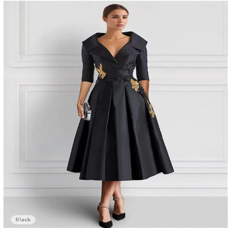 

A-Line Cocktail Dresses Tuxedo Dress Mother of Bride Elegant Formal Ankle Length 3/4 Length Sleeve Shirt Collar Pocket Satin