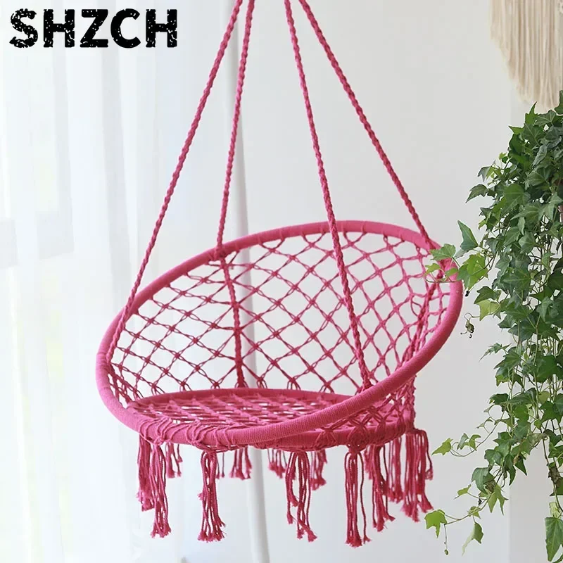‌Nordic Style Hanging Basket, Handmade Cotton Rope Swing Chair, Balcony Relaxation Cradle, Boho Indoor Fringe Hanging Chair