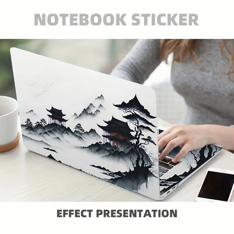 2Pc Art Ink Painting Notebook Skin Sticker  Black and White Design Pagoda and Clouds Waterproof Scratch Resistant Decal