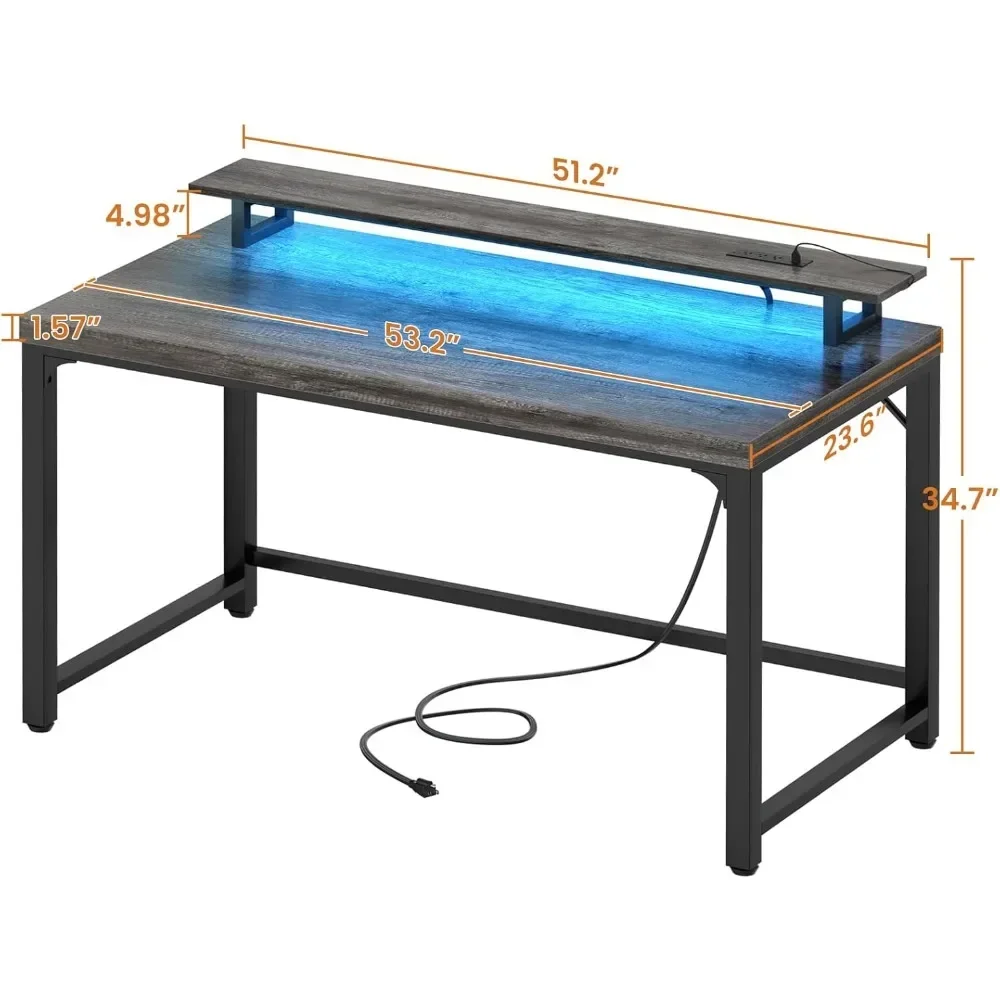 55 Inch Computer Desk with Socket and LED Light, Thickened Home Office Desk, Writing Study Gaming Table with Storage, Modern