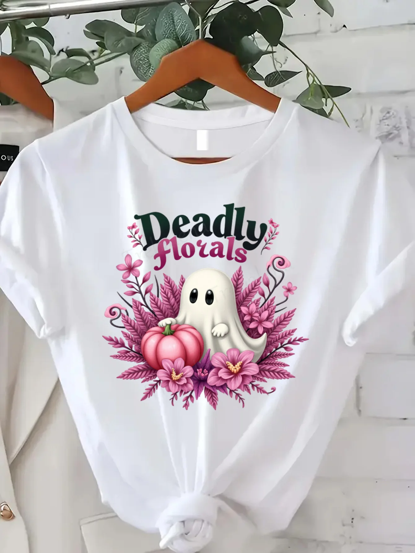 

Футболка с круглым вырезом Deadly Florals Ghost Pumpkin T-Shirt Женский топ больших размеров на Хэллоуин Футболка с короткими рукавами Модный повседневный топ