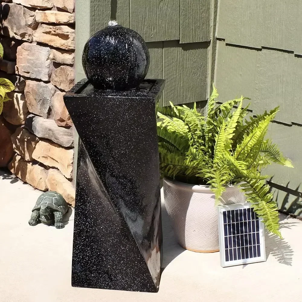 Black Ball 30-Inch Solar Fountain with Battery Backup and LED Light - Submersible Pump - Resin and Fiberglass