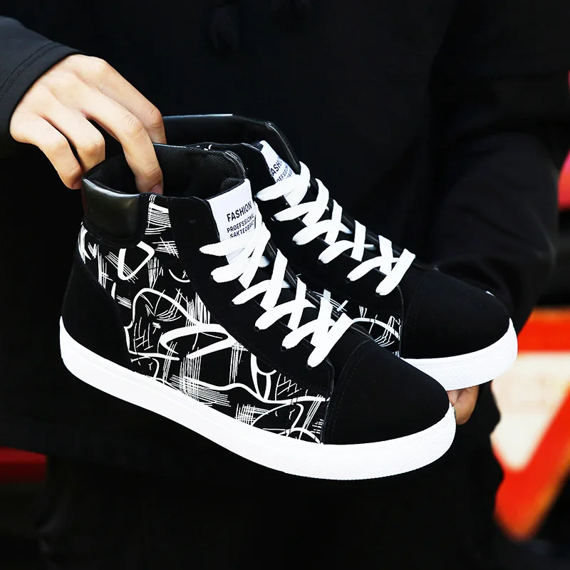 Spring and Autumn Fashion High Top Flat Bottom Black Vulcanized Men's Shoes Student Canvas Trend Winter Youth Board Shoes - Image 5