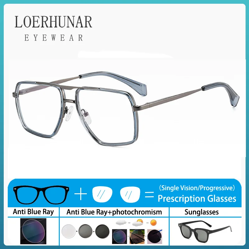 

Retro American Fashion Double Beam Large Frame Glasses Men Optical Prescription Customized Anti Blue Light Color Changing Lenses