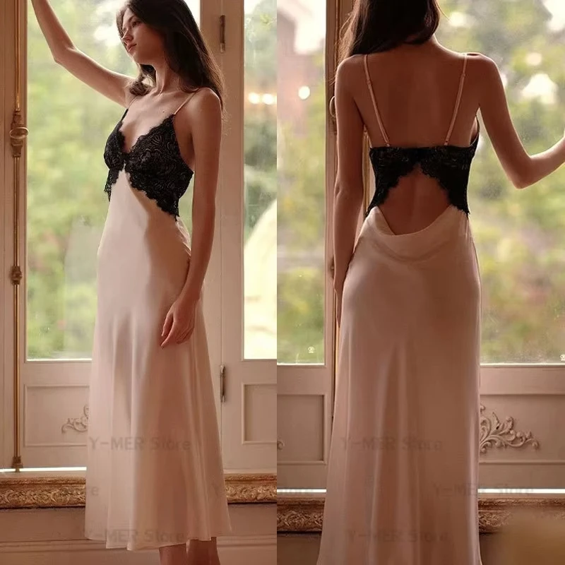 

Sexy Chemise Sleepwear Lace Backless Nightdress Ice Silk Pajamas Female Lingerie Long Home Dressing Gown Nightgown Loungewear