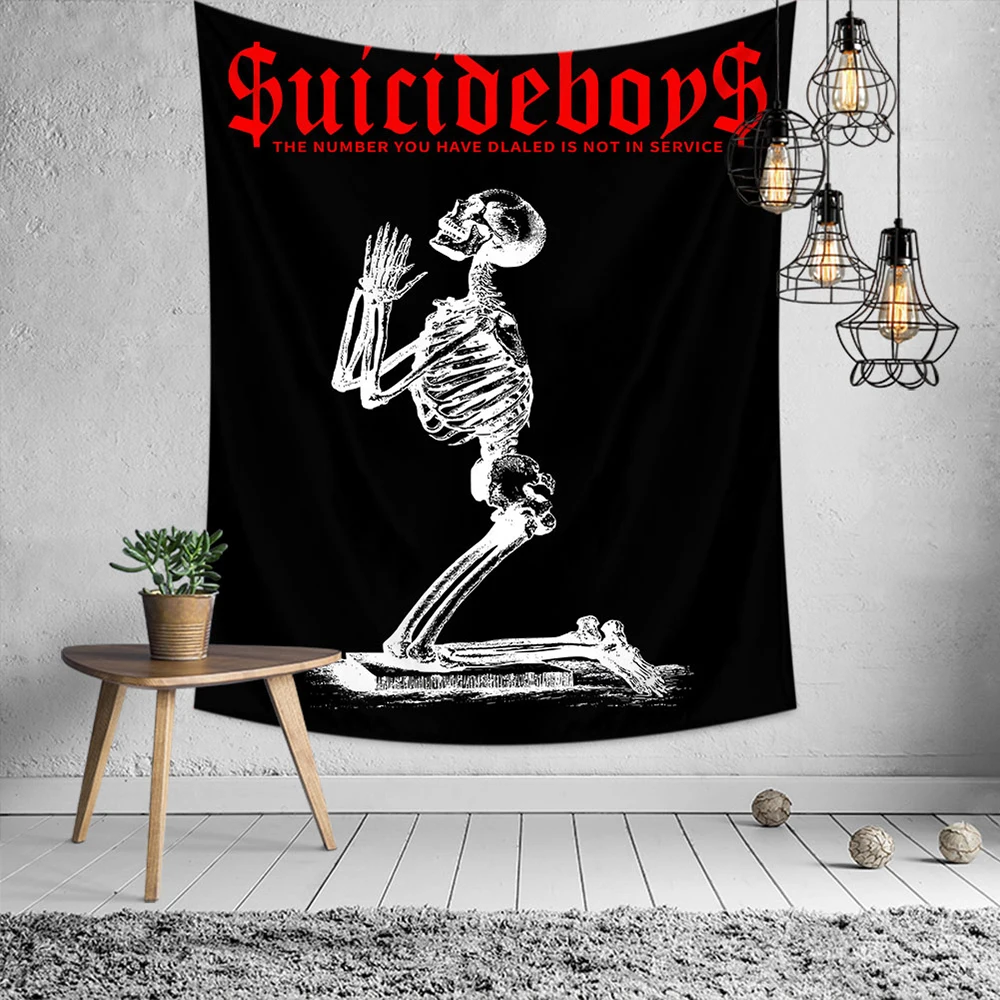 1-teiliger Suicide Funny Band Wandteppich mit Totenkopf-Design, schwarzer und roter Hintergrund, hängender Wandteppich, Poster, Schilder, Dekor für Schlafzimmer, C