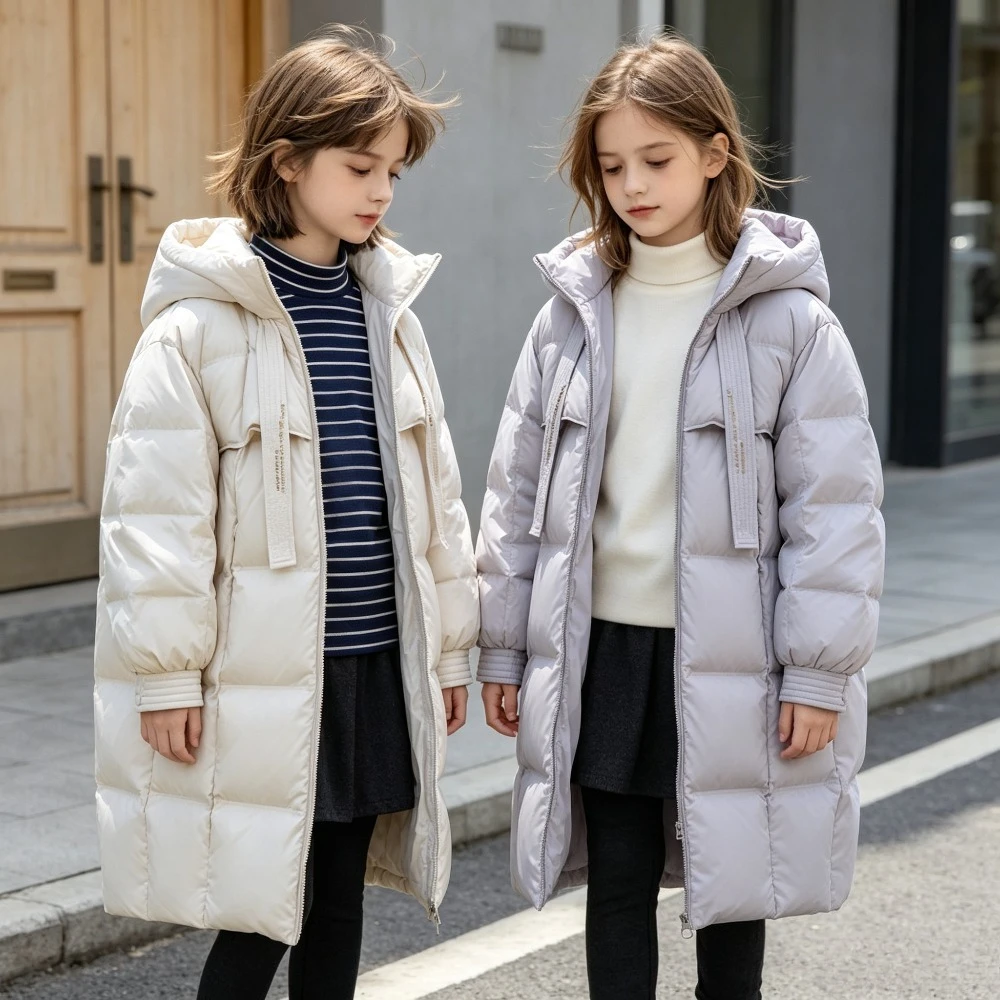 Winter Girls Long Down Jacket White Duck Feather Puffer Coat Hood Thicken Warm Outerwear for Kids Teens Casual Parkas Age 4-15