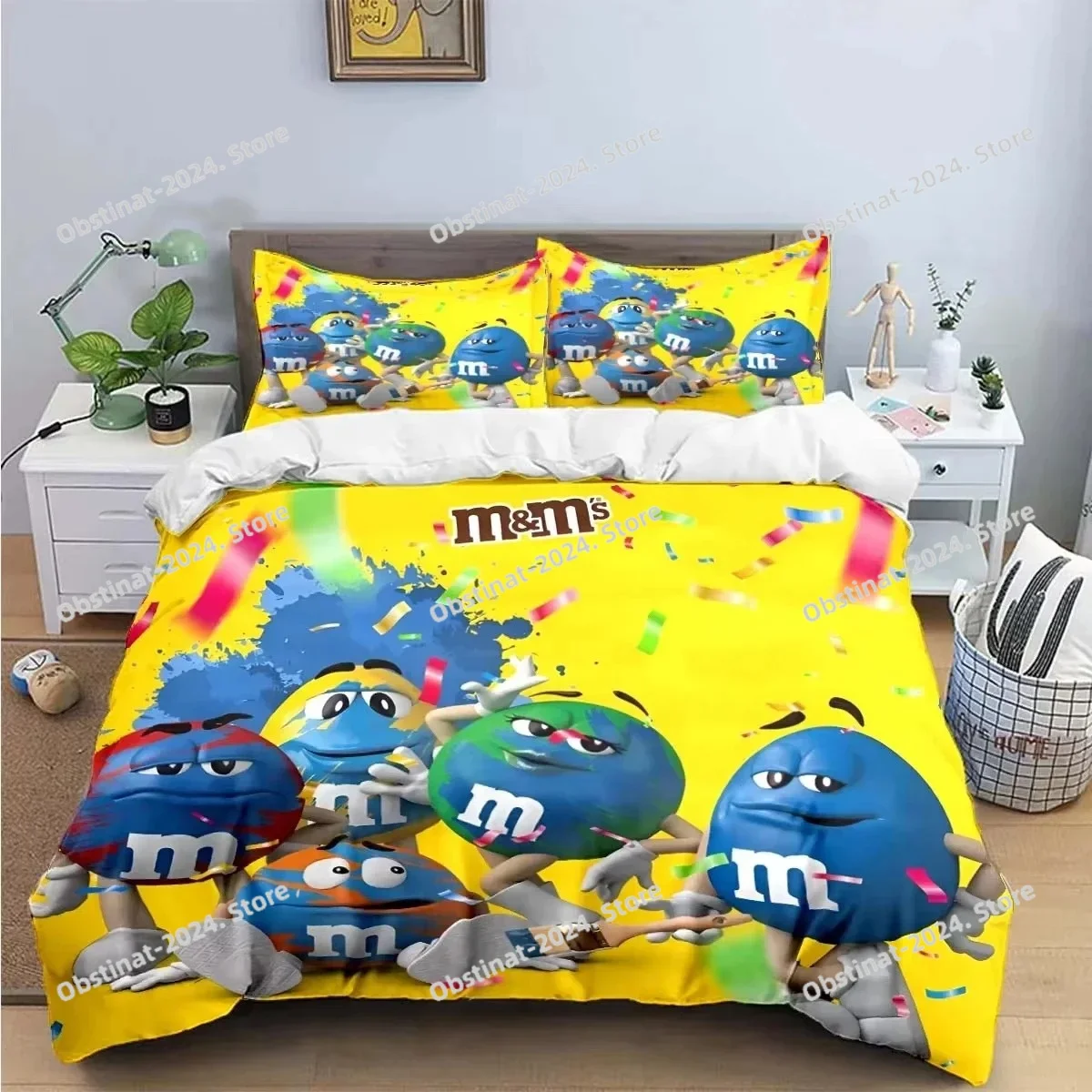 

Fashion M&M Chocolate Bean Printed Bedding Sets Exquisite Bed Supplies Set Duvet Cover Bed Comforter Set Bedding Set Luxury Gift