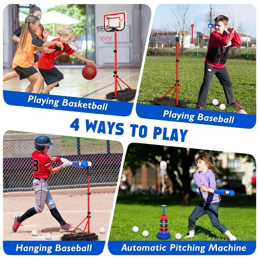 in 1 Kids Basketball Hoop and TBall Set Adjustable Hanging TBall Stand with Automatic Pitching Machine, Indoor Outdoor Sports To