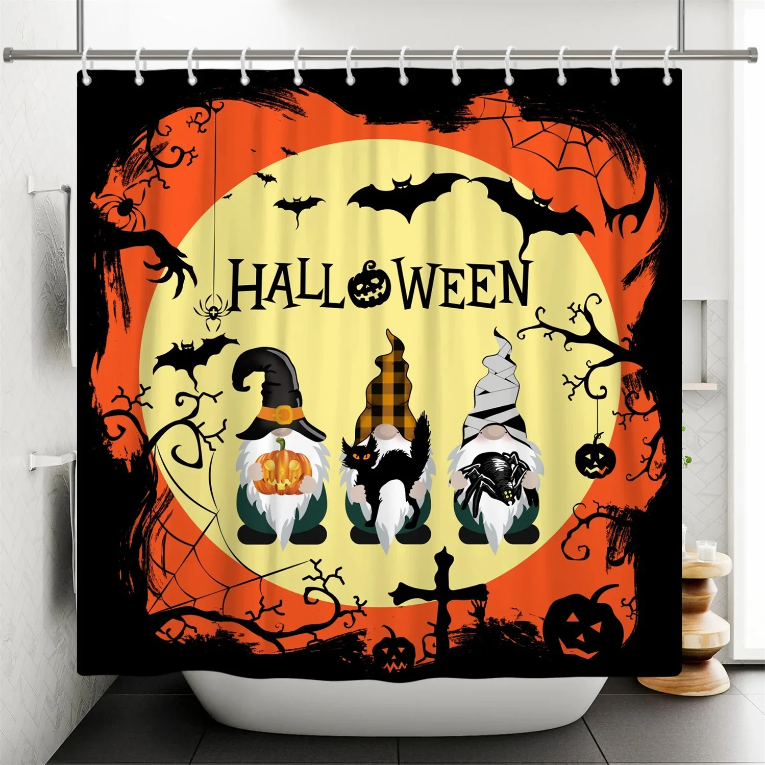 Happy Halloween Shower Curtain Horror Bloody Hands Pumpkin Bathroom Waterproof Shower Curtain Art Deco Household Bathtub Screen