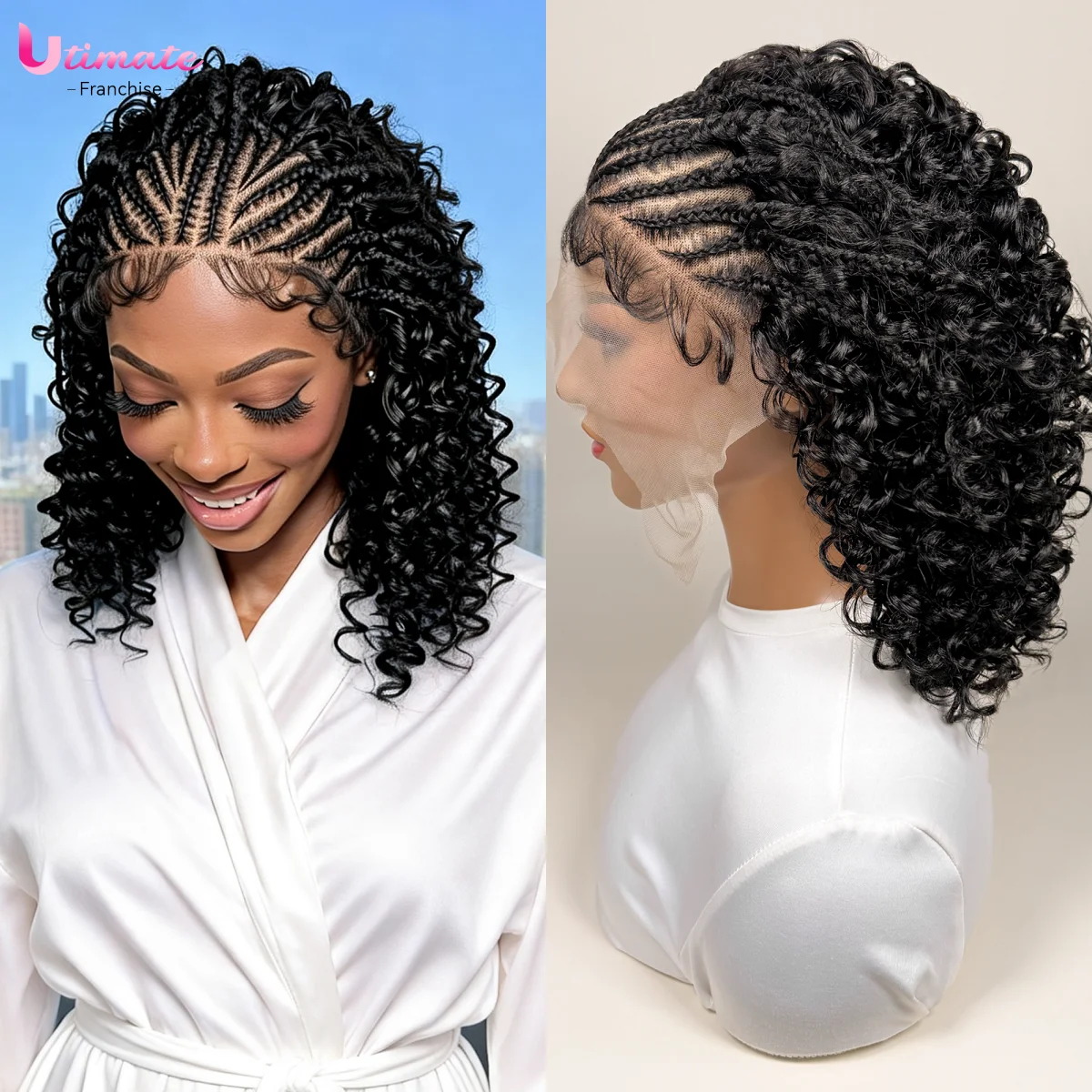 16inch Cornrow Pre-styled Curly Bob Wigs Synthetic Half Braided Wigs With Baby Hair 13x6 Transparent Lace Wig For Women