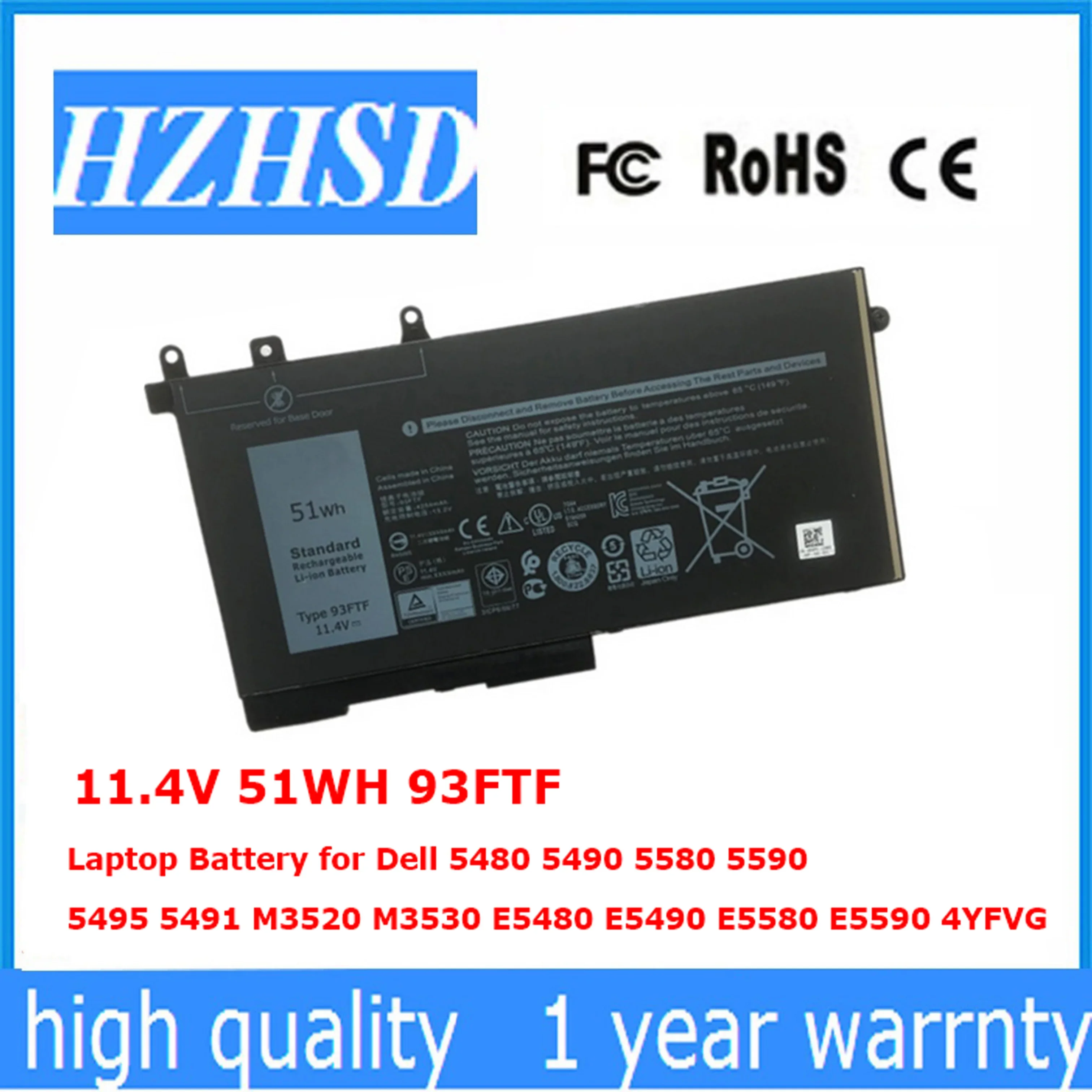 

11.4V 51WH 93FTF 42WH 3DDDG Laptop Battery for Dell 5480 5490 5580 5590 5495 5491 M3520 M3530 E5480 E5490 E5580 E5590 4YFVG