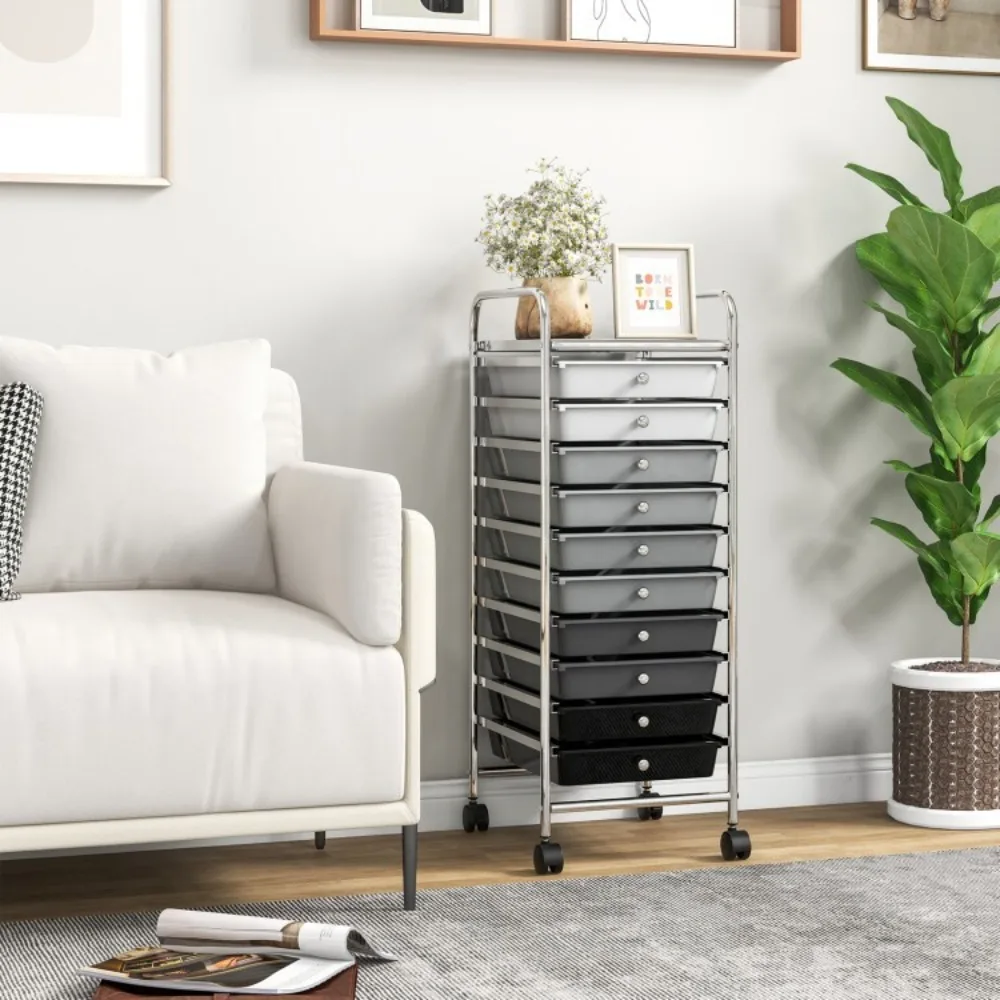 

10Drawer Home Office Utility Rolling Storage Organizer Cart w/4Universal Casters