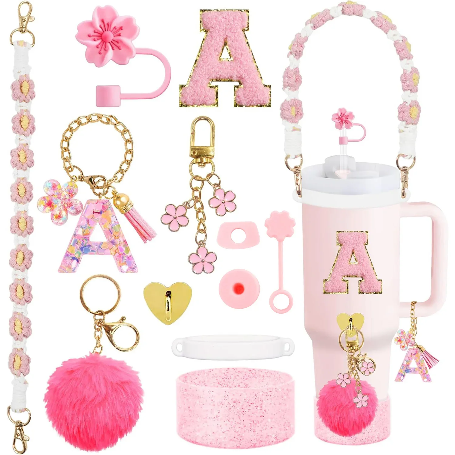 Accesorios de taza para Stanley Cup, tapa de cubierta de paja de 30oz y 40oz, asa para botella de agua, correa, cadenas para botas, pegatina personalizada, 12 Uds.