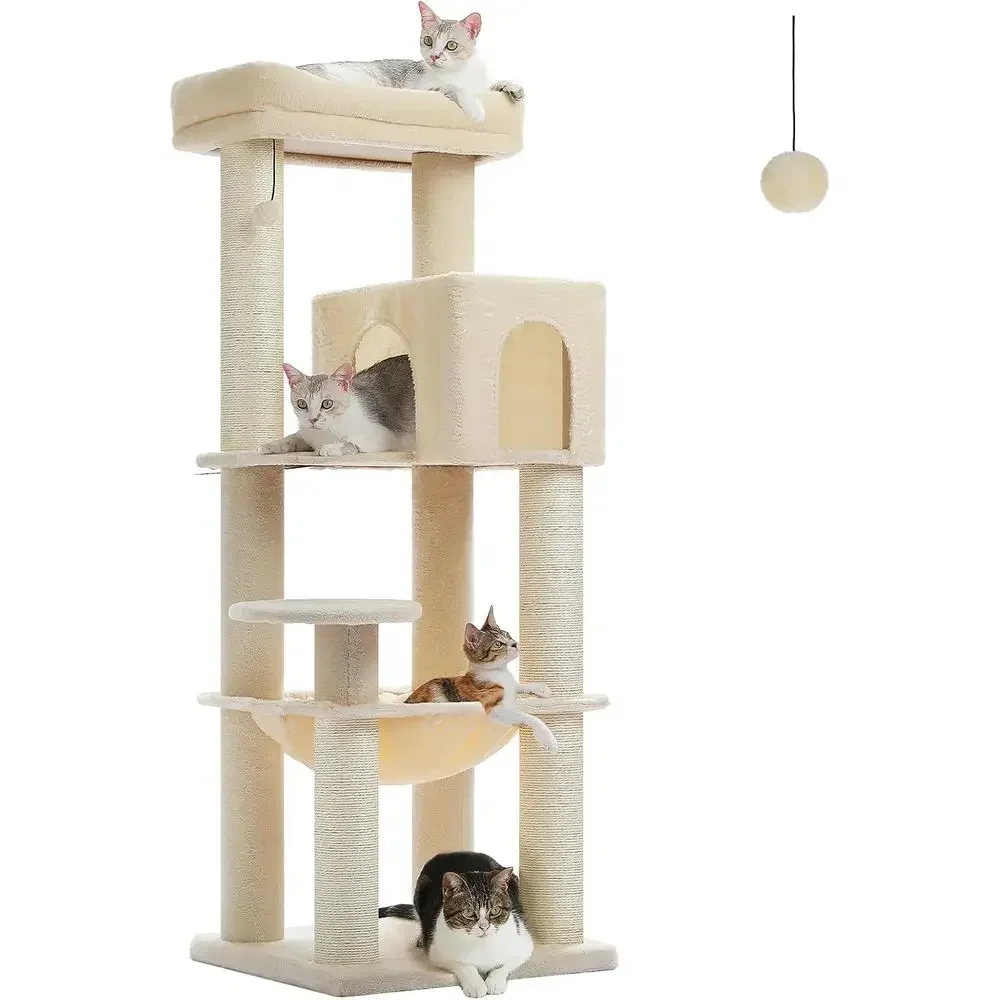 58 Heavy-Duty Cat Tower for Large Cats up to 30 lbs with Reinforced Scratching Posts, Hammock, Condo, and Top Perch, Ideal for M