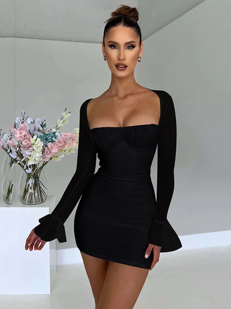 Mozision Elegant Backless Sexy Mini Dress For Women Robe Two Layer Mesh Full Sleeve Zipper Bodycon Party Short Dress Vestido