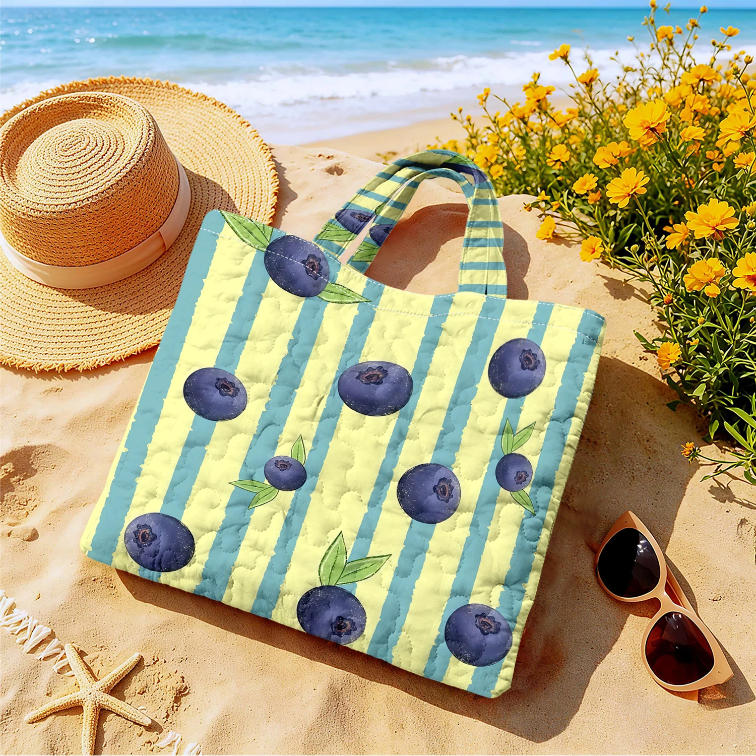 Blueberry Pastel Stripe Women canvas shoulder bag Dual-Side Printed Tote Bag shopping bag Fashionable and fun gift handbag