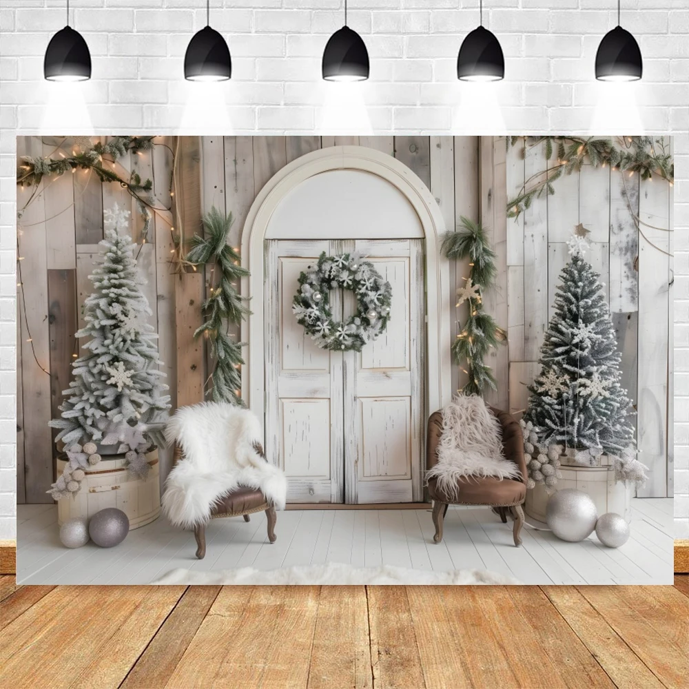 Whiter Christmas Backdrop Photography Indoor Wooden Board Xmas Tree Kids Family Portrait Photographic Background Photo Studio