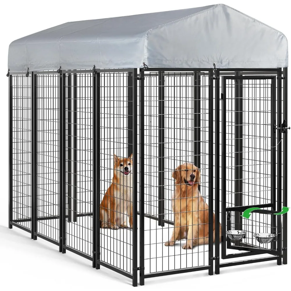 

8x4x6 FT Outside Dog Kennel for Large Dogs,Heavy Duty Welded Wire Outdoor Dog Playpen Fence with Roof and Rotating Dog Bowl,Pet