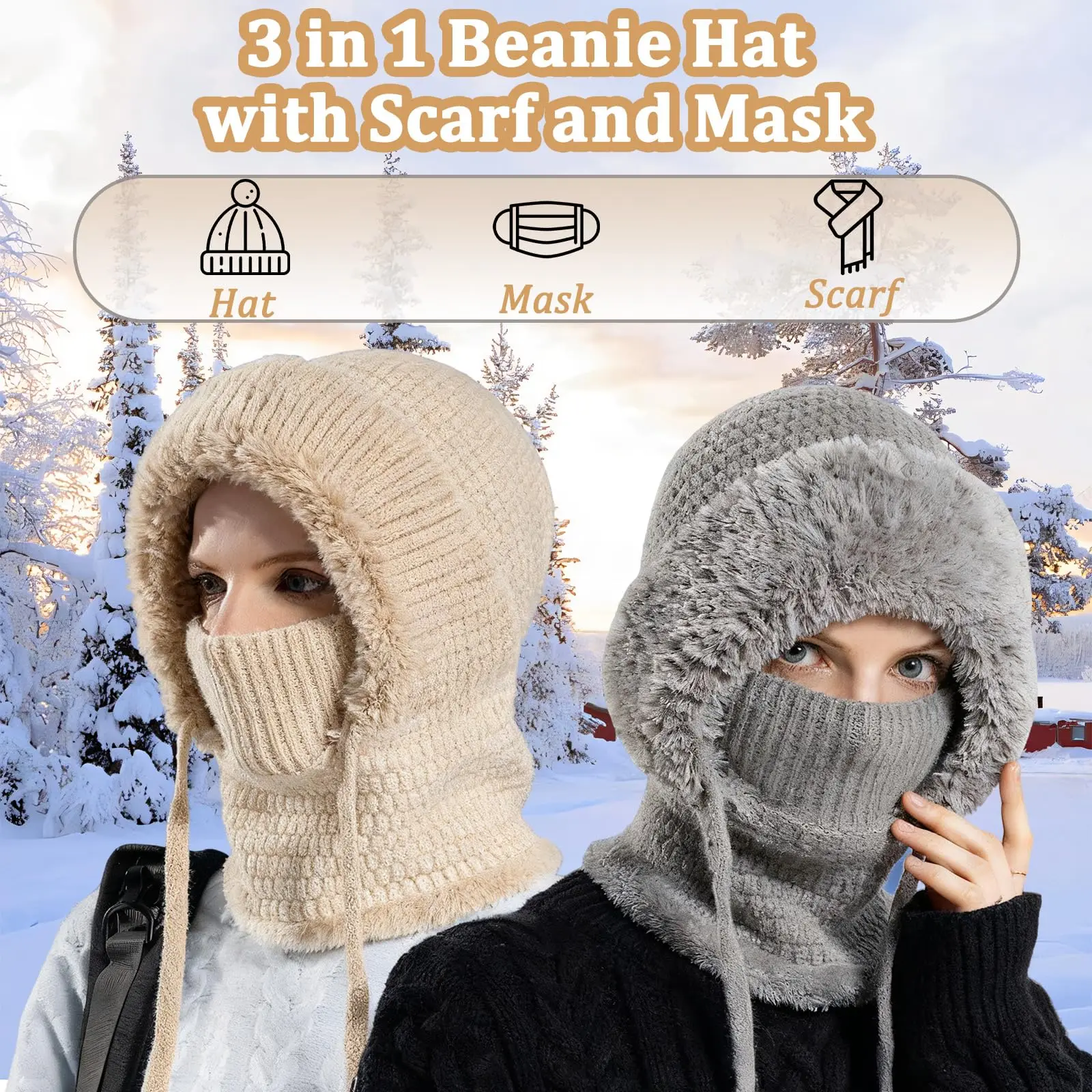 المرأة الشتاء قطعة واحدة الرقبة أدفأ يندبروف صوف مبطن سميكة الدافئة كبيرة رئيس محبوك قبعة الاكريليك مع الرباط #1