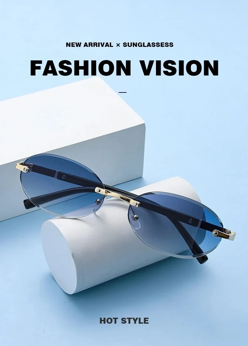 Personalisierte Sonnenbrille mit ovalem Rahmen, Retro-Sonnenbrille für Damen und Herren, Metall-High-End-Sonnenbrille, luxuriöser rahmenloser Besatz, Reisen, UV400-Sonnenbrille – Detail 3
