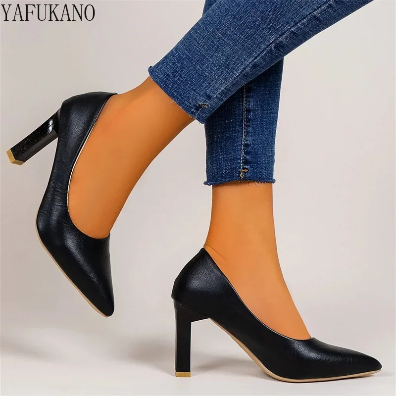 Fashion Point Toe Chunky Heeled Ladies Pumps Simple Black Office Work Single Shoes Comfort Small Thick Heel High Heels