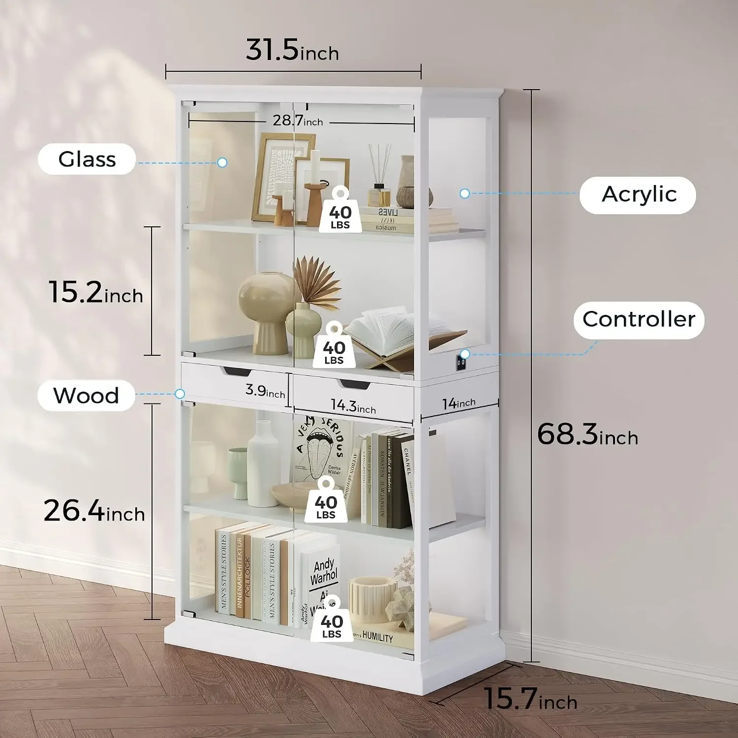Display Cabinet with Glass Doors, 4-Tier Curio Cabinet with with 2 Drawers for Collectibles, Modern Glass Display Case Human Bod