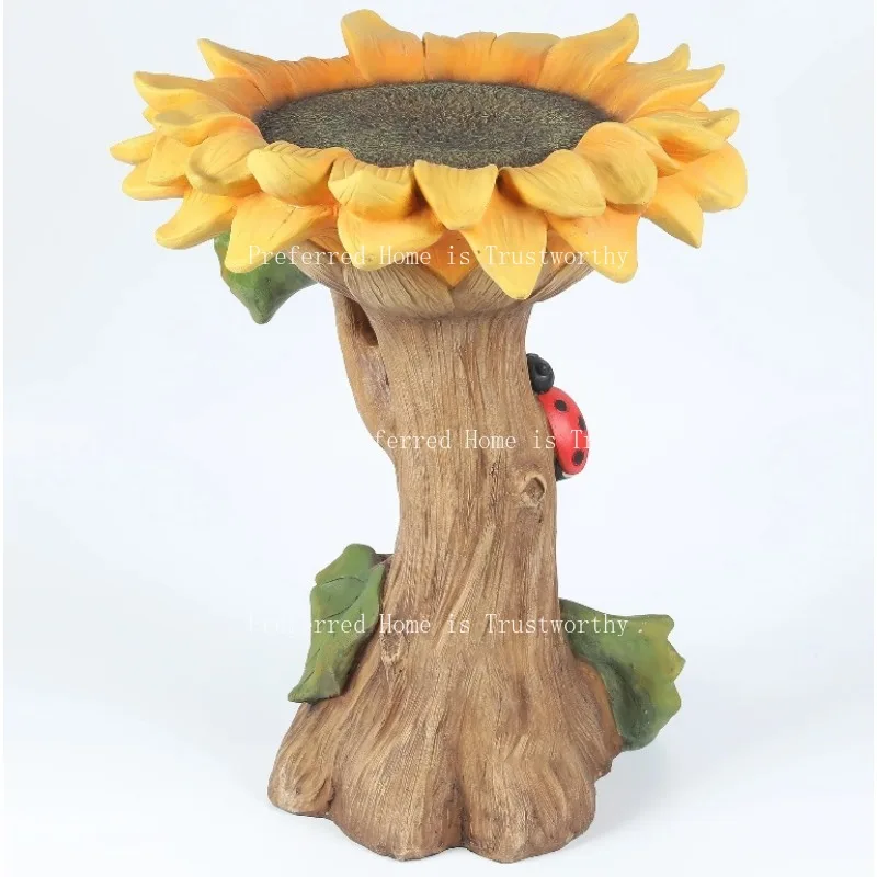 Resin Garden Ornament Sunflower Beetle Bird Water Dispenser Sunflower Craft Ornament Bird Feeding Device