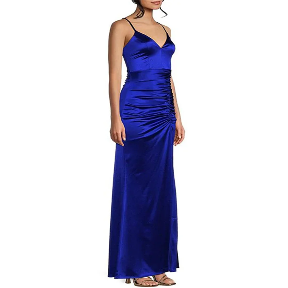 Hot Selling Spaghetti-Strap V-Neckline Satin Evening Dress Elegant Open Back Zipper High Slit Floor Length Gown For Women 2024