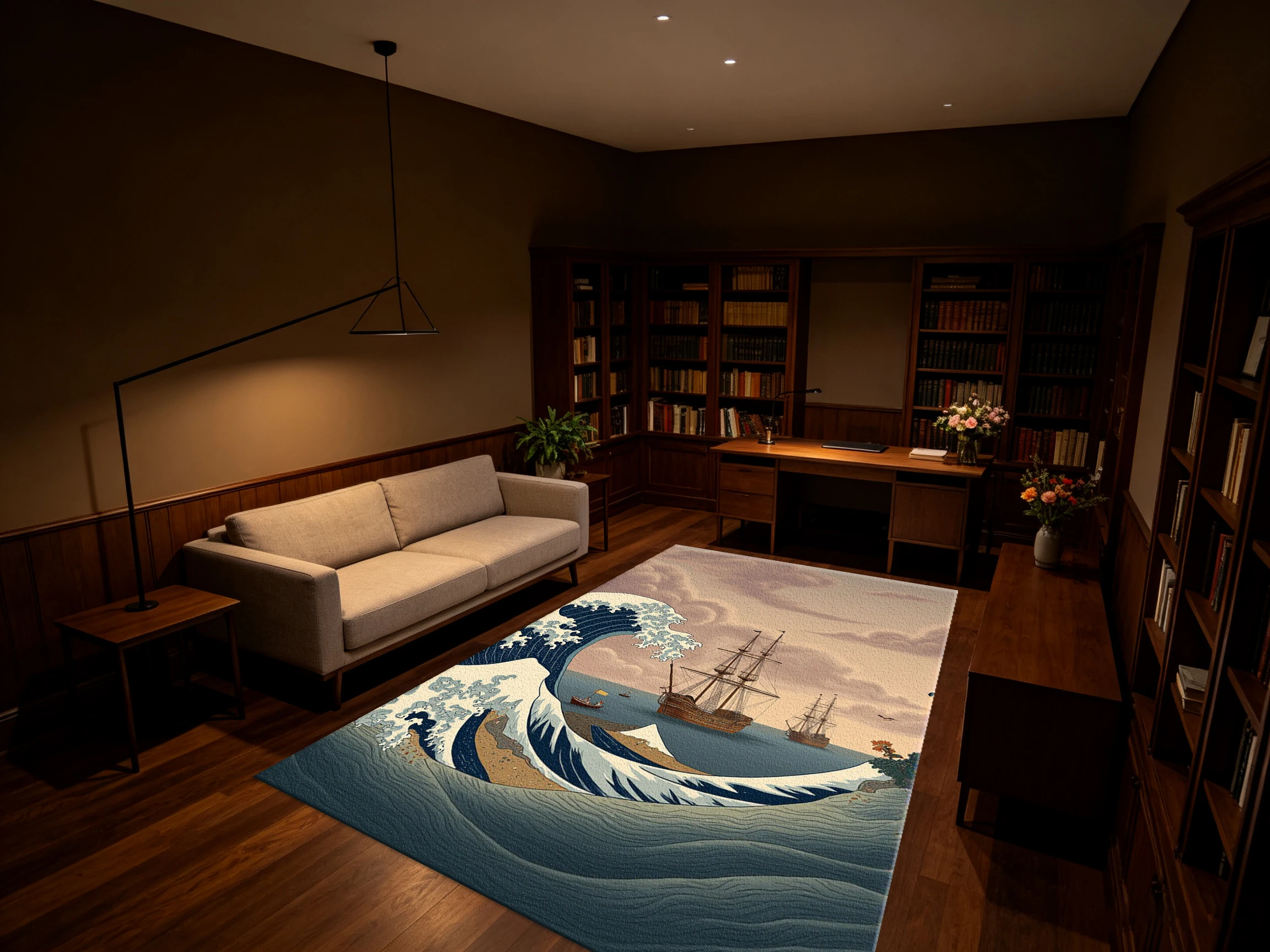 Ukiyo-E Wave Sailing Ship Carpet Flooring Retro Art Print Area Rug for Living Space