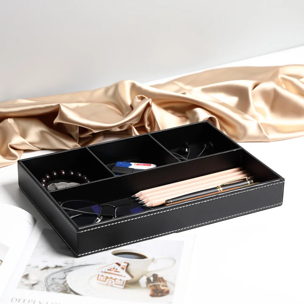 High-end Multifunctional Desktop Stationery Storage Box Cosmetics Storage Tray Leather Entrance Key Change Storage Tray