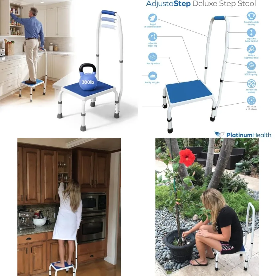 Taburete/Podestador Ajustable en Altura AdjustaStep tm Deluxe con Asa/Barandilla. Diseño Moderno Blanco/Azul. Acolchado Antideslizante