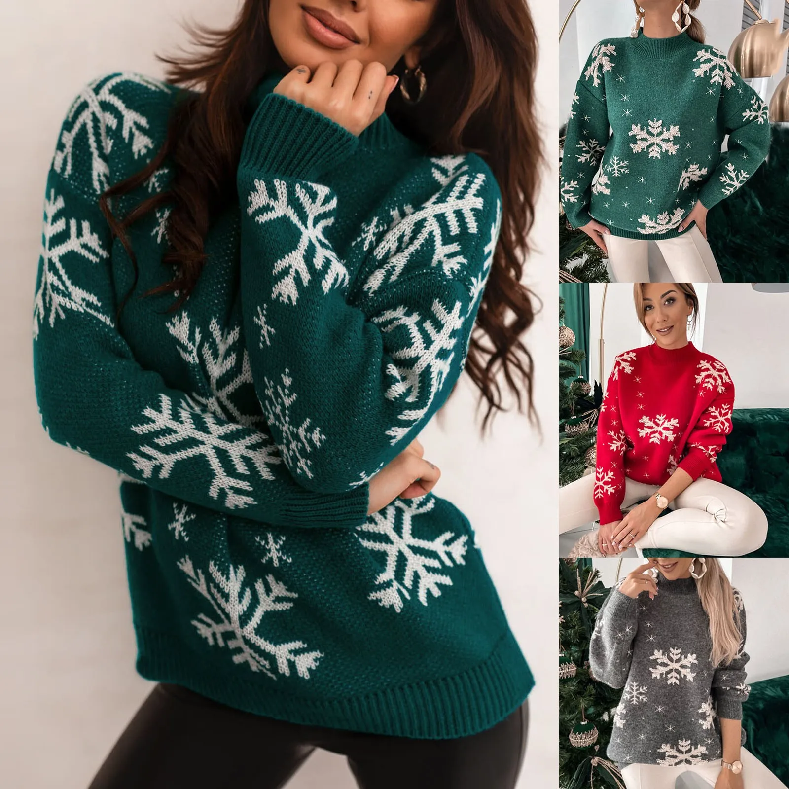 2024 Women\'s Christmas Sweater Snowflake Print Warm Thicken Jumper Casual Loose Oversized Knitwear Long Sleeve O Neck Sweater