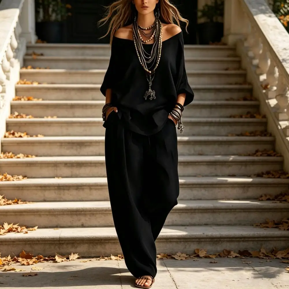 Two Piece Matching Lounge Sets For Women Casual Off Shoulder Long Sleeve Top And Wide-Leg Pants Summer Boho Outfits 여자 의류