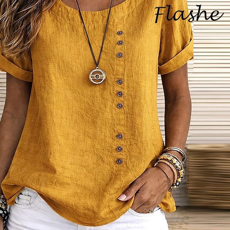 New Vintage Short Sleeve Women T-Shirts Button Design Loose Tee Female Casual Harajuku Tops Summer Solid Color Oversize Tee