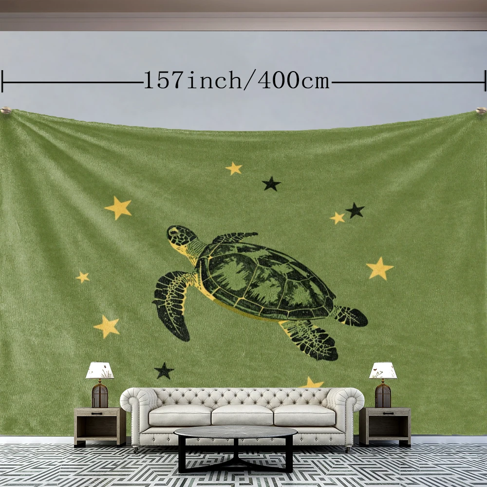 Olive Green Sea Turtle Star Scatter Wall Tapestry, Ocean Boho Decor