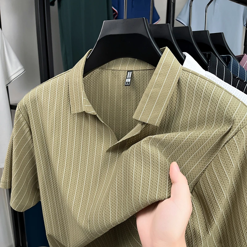 

High End Luxury Men's Polo Shirt Lapel T-Shirt Summer New Classic Comfort Vertical Stripe Short Sleeve Business Casual Menswear